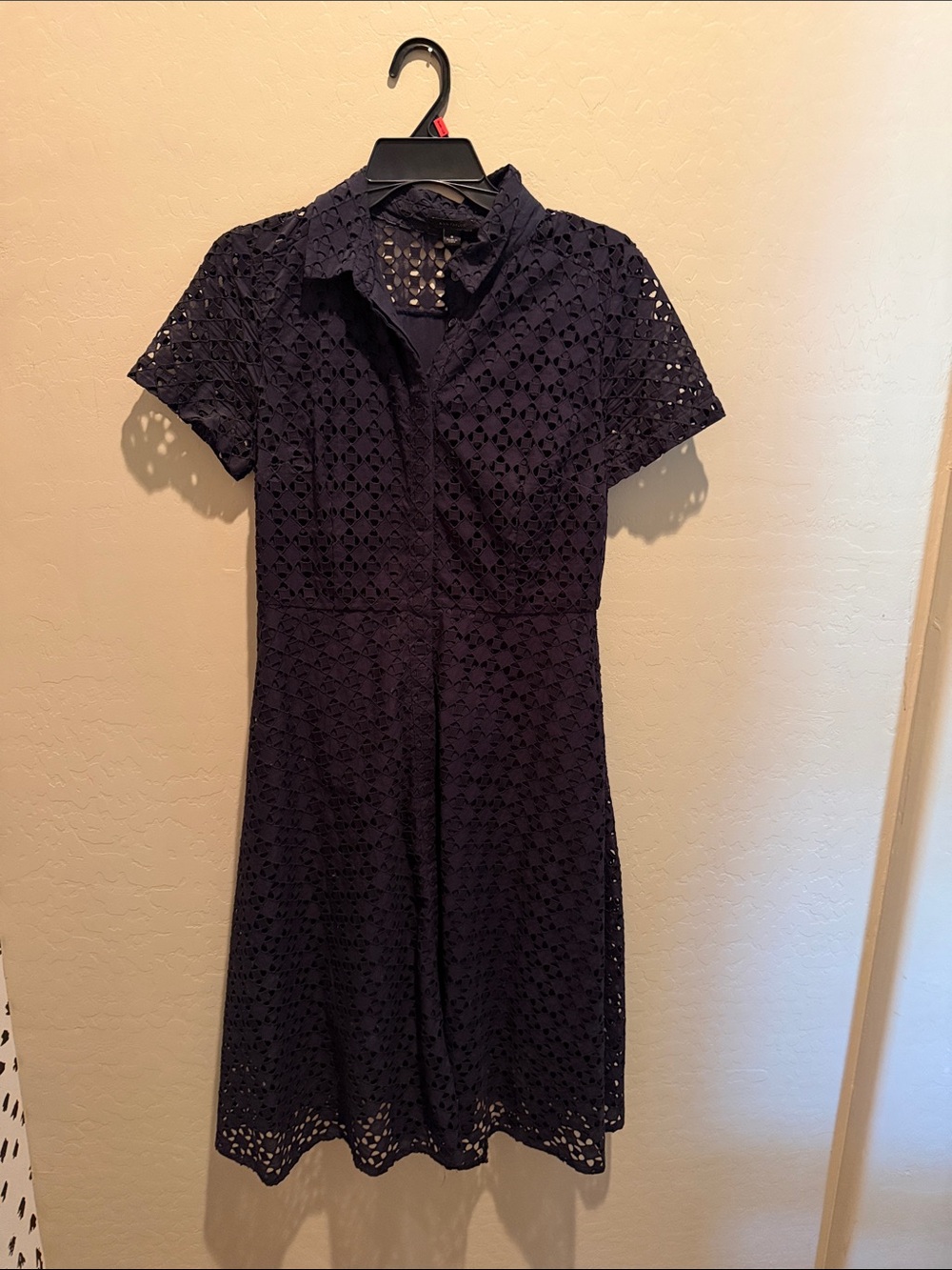 Ann Taylor Navy Eyelet Shirt-Collar Dress